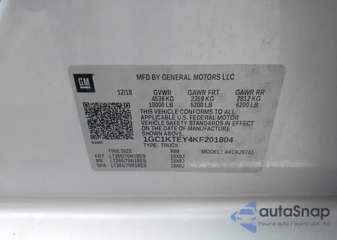 2019 Chevrolet Silverado 2500Hd Ltz z USA, uszkodzony, nr VIN 1GC1KTEY4KF201804